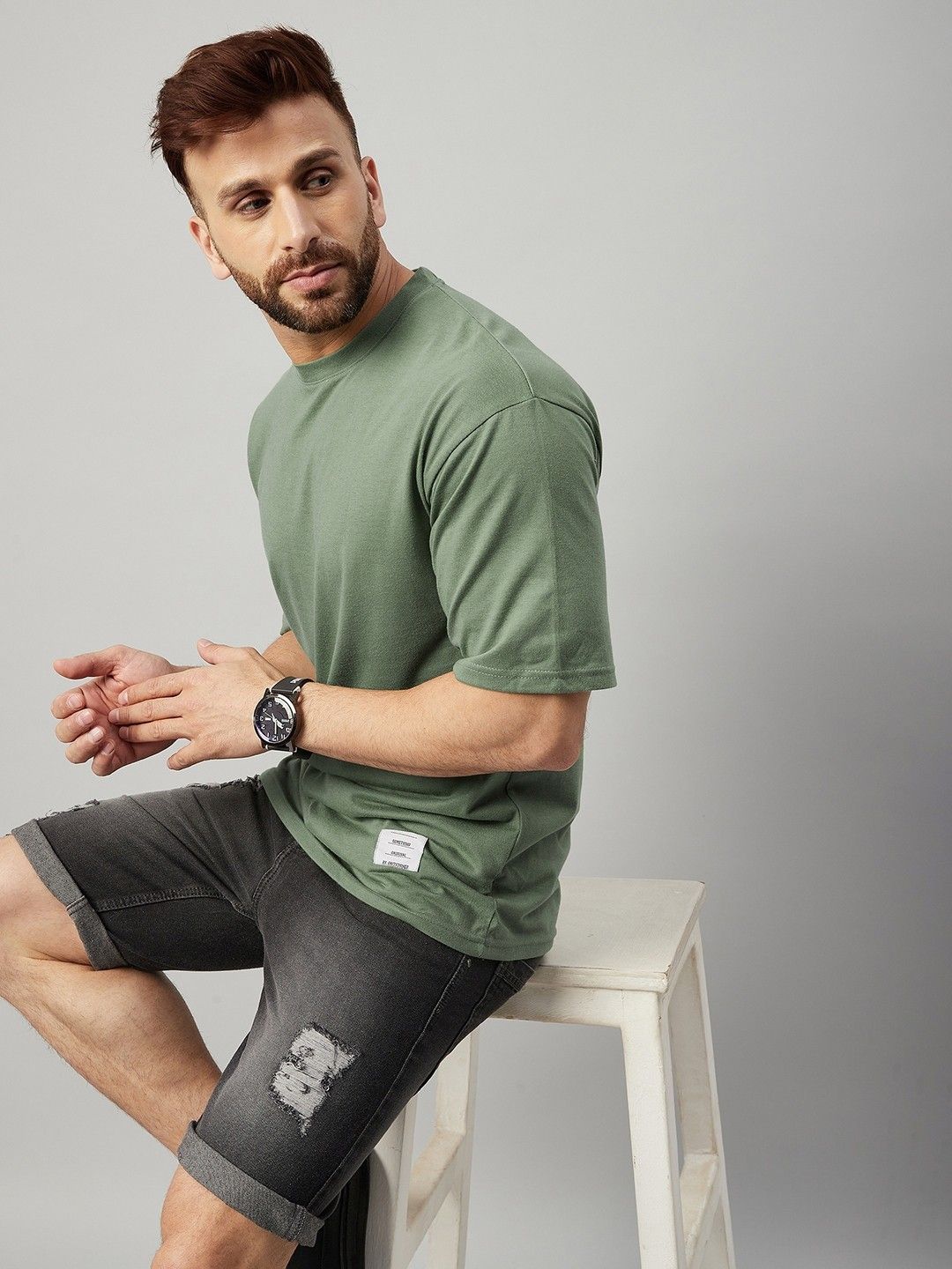 Gritstones Men Moss Green Half Sleeve Oversized Cotton Solid T-Shirt
