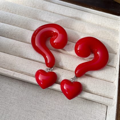 Question Mark Heart Enamel 18K Gold Red Black Anti Tarnish Dangler Drop Earring For Women-Red