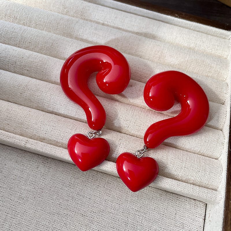 Question Mark Heart Enamel 18K Gold Red Black Anti Tarnish Dangler Drop Earring For Women-Red