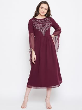 Women Burgundy Solid Fit and Flare Dress