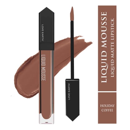 Love Earth Liquid Mousse Lipstick - Holiday Coffee Matte Finish | Lightweight, Non-Sticky, Non-Drying,Transferproof, Waterproof | Lasts Up to 12 hours with Vitamin E and Jojoba Oil - 6ml