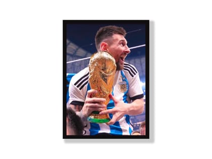 Messi Holding World Cup Trophy and Celebrating-Small / Poster