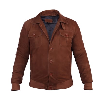 Dual Collar Bomber Tan Suede Leather Jacket For Men with Flap Pockets Button Closure By Brune And Bareskin-S