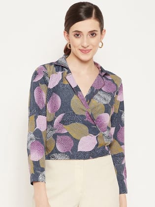 Navy Blue Floral Print Crepe Wrap Top