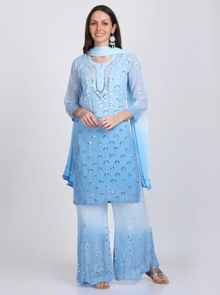 Graceful Blue Mirror Work Chikankari Handmade Kurti Set-40