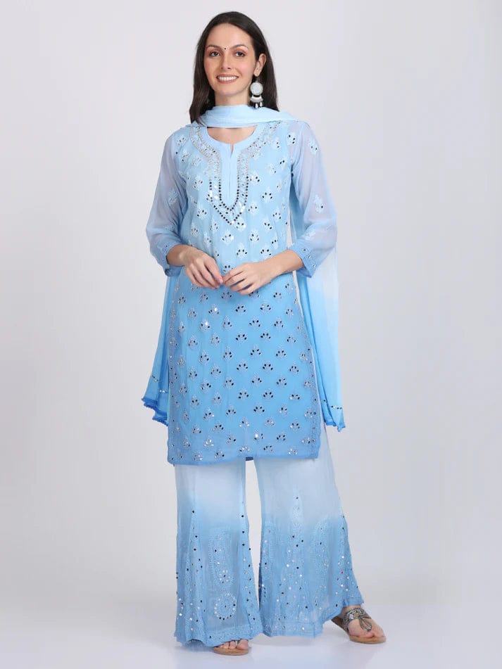 Graceful Blue Mirror Work Chikankari Handmade Kurti Set-40