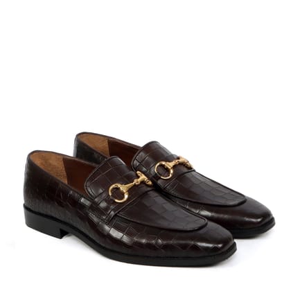 Horse-bit Buckled Slip-On Shoes in Dark Brown Deep Cut Leather Loafer-40/6