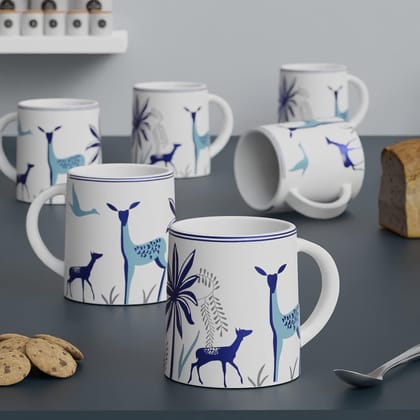 The Earth Store Stag Blue Coffee Mug Set of 6 to Gift to Best Friends, Coffee Mugs, Microwave Safe Ceramic Mugs,(300 ml Each)