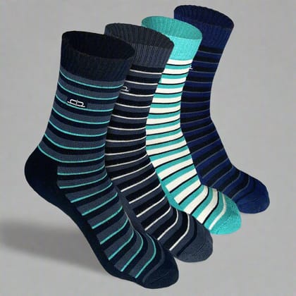 Bamboo Men Crew Socks (Stripes) - 4 Pairs-Black | Grey | Teal | Navy Blue