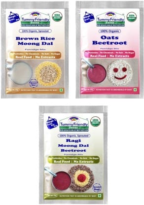 TummyFriendly Foods Certified Organic Stage2 Sprouted Porridge Mixes, Organic Baby Food For 6+ Months, Sprouted Ragi, Sprouted Brown Rice, Oats, Dal & Vegetable, 50 gm Each Cereal (Pack of 3)