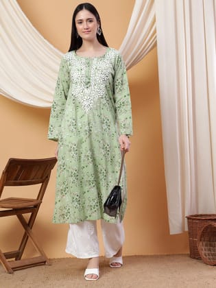 Tanvi Chikankari Rose Print Mulmul Straight Kurta-Pista Green / L