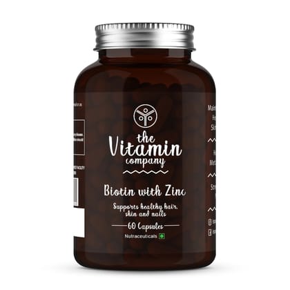 The Vitamin Company Biotin with Zinc Capsules, For the Growth of Healthy, Stronger, and Shiny Hairs, Promotes Glowing Skin & Nails, 60 Capsules for Women & Men