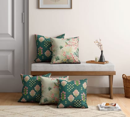 India Circus Inflorescence Frolic - Satin Blend Cushion Cover Set Of 5 - 18 X 18 Inch