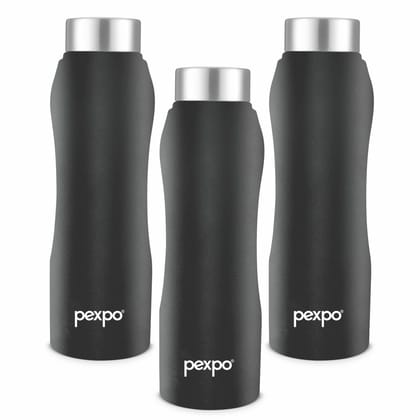 PEXPO Stainless Steel Fridge Water Bottle, 750 ml, Knight Black, Bistro | Leak-Proof & Easy to Grip Water Bottle (Pack of 3)