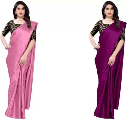 ANSH Womens Satin Solid Saree length (5.5m) & Blouse Piece Size (0.8m) (Multicolor)