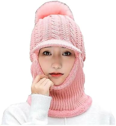 Women and Girls Warm Winter Knitted Hats Add Fur Lined (Pink)