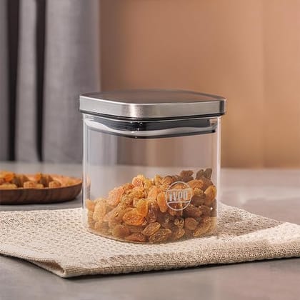 IVEO Borosilicate Glass Jar, Air Tight Jar for Kitchen | Space Saver | for Storage of Food, Pulses, Spice, Cereals, Cookies, Dry Food | With Steel Lid | Leak Proof | 800 ml, Square, 1 Pc, Clear