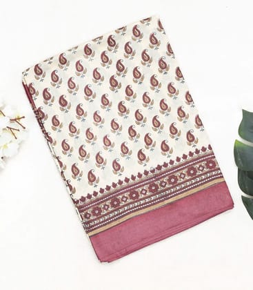 Cream Handloom Tussar Silk Saree With Printed Mango Motifs-Cream-Cream