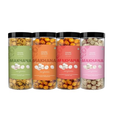 Vishnu Delight Organic Makhana Combo Pack - 4 of 90g Each flavor - Mint Masti, Fiery Peri Peri, Tangy Tomato, Himalayan Salt & Pepper - Crunchy, Deliciously, and Full of Flavorful Indian Spices Snacks
