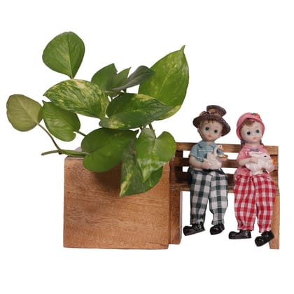 The Weaver's Nest Wooden Bench Planter with Figurine for Home, Porch, Balcony, Garden, Living Room-Girl and Boy 2