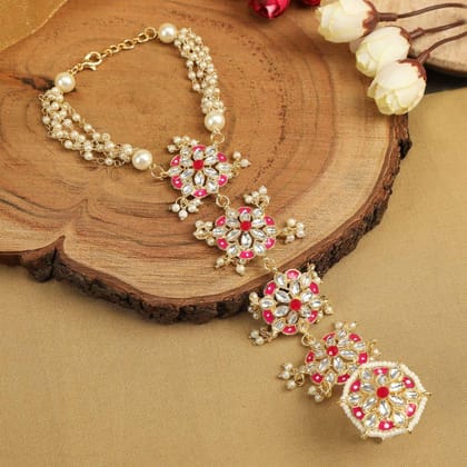 Gold-Plated Pink White Kundan Ring Bracelet