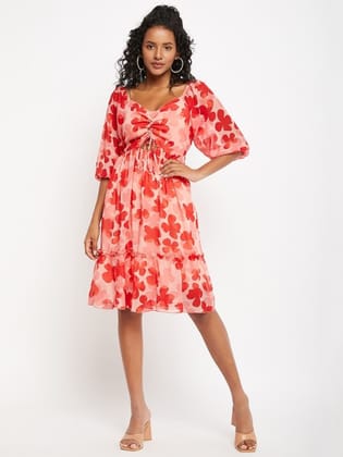 Floral Printed Tie-Ups Detail Georgette Fit & Flare Dress