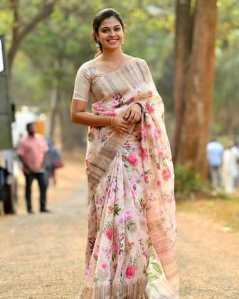 Cream Color Flowered Party wear Linen Digital Printed Sari 1274