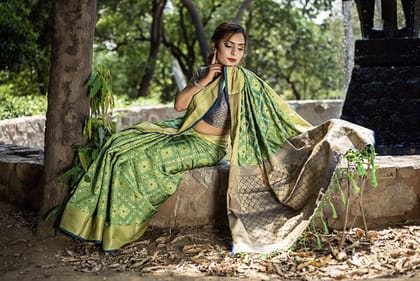 Green Silk Weaving Patola with Zari border and Rich Pallu With Contrast Blouse