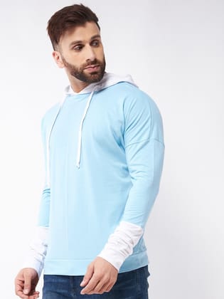 Gritstones Men Sky Blue and White Color Hooded Colorblock Oversize Drop Shoulder Cotton T-Shirt