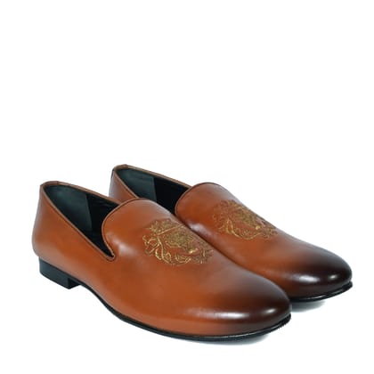 Tan Leather/Golden Lion King Embroidery Slip-On Shoes By Brune & Bareskin-40/6