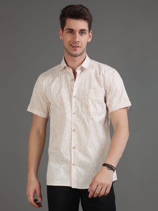 Dash Brown Stripe Print Half Sleeves Shirt-L