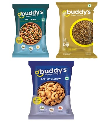 O'buddy's Party King 30 gm, Dal Biji 20 gm & Salted Cashew 16 gm - Combo Pack of 15 (5 Packs of Each)