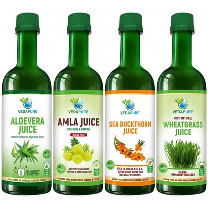 VEDAPURE NATURALS Immunity Essential Kit -Wheatgrass Juice | Aloevera Juice | Amla Juice | Sea buckthorn Juice (2 Ltr )