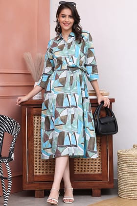 Blue Color Abstract Printed Cotton Ethnic Dress-S