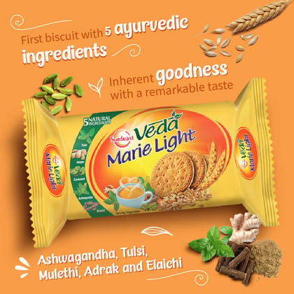 Sunfeast Veda Marie Light Biscuits - With 5 Natural Ingredients, Tea Time Partner, 62 g