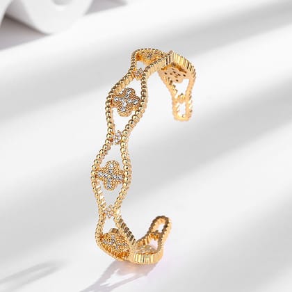 Wave Clover Flower Cubic Zirconia 18K Gold Anti Tarnish Cuff Bracelet For Women-Gold