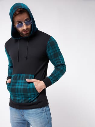 Gritstones Men Turquoise & Black Color Check Printed Hooded Cotton T-Shirt