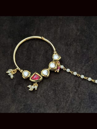 3.5cm diameter 5 kundan nath with pearl beads hanging-Ruby