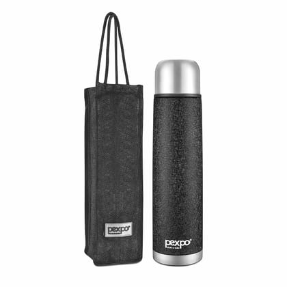 Pexpo Stainless Steel 24 Hours Hot & Cold Water Bottle/Flask with Jute Bag, 1L, Black, Flexo | Durable & Odorless