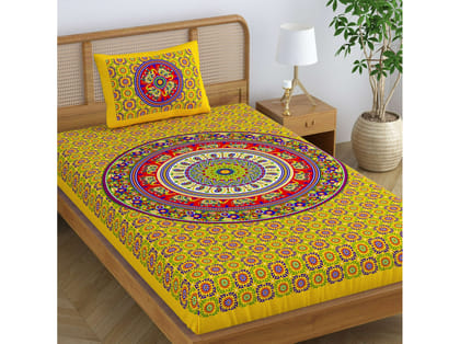 SheetKart Elephant Mandala 144 TC 100% Cotton Single Bedsheet with 1 Pillow Cover - Yellow