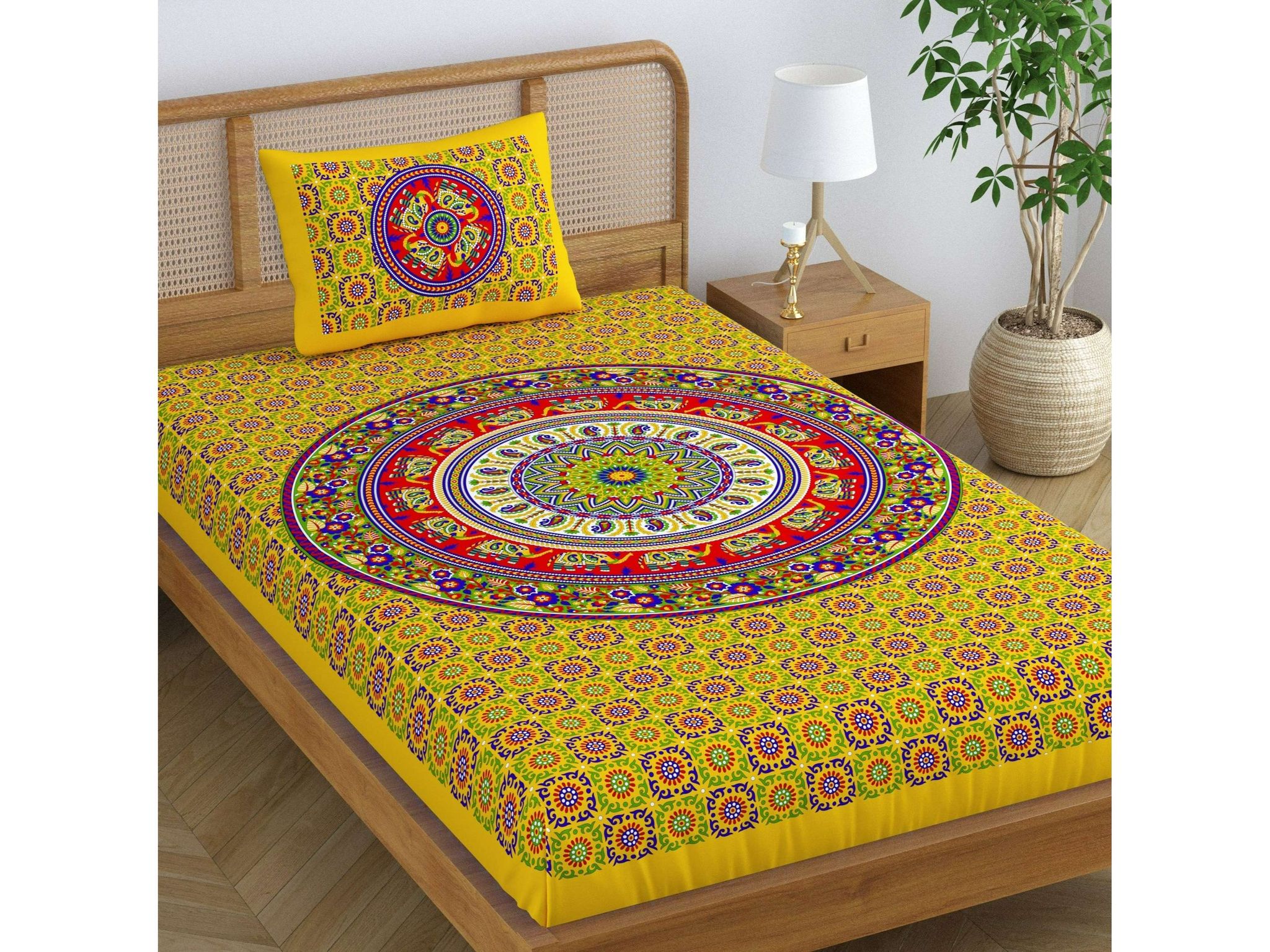 SheetKart Elephant Mandala 144 TC 100% Cotton Single Bedsheet with 1 Pillow Cover - Yellow
