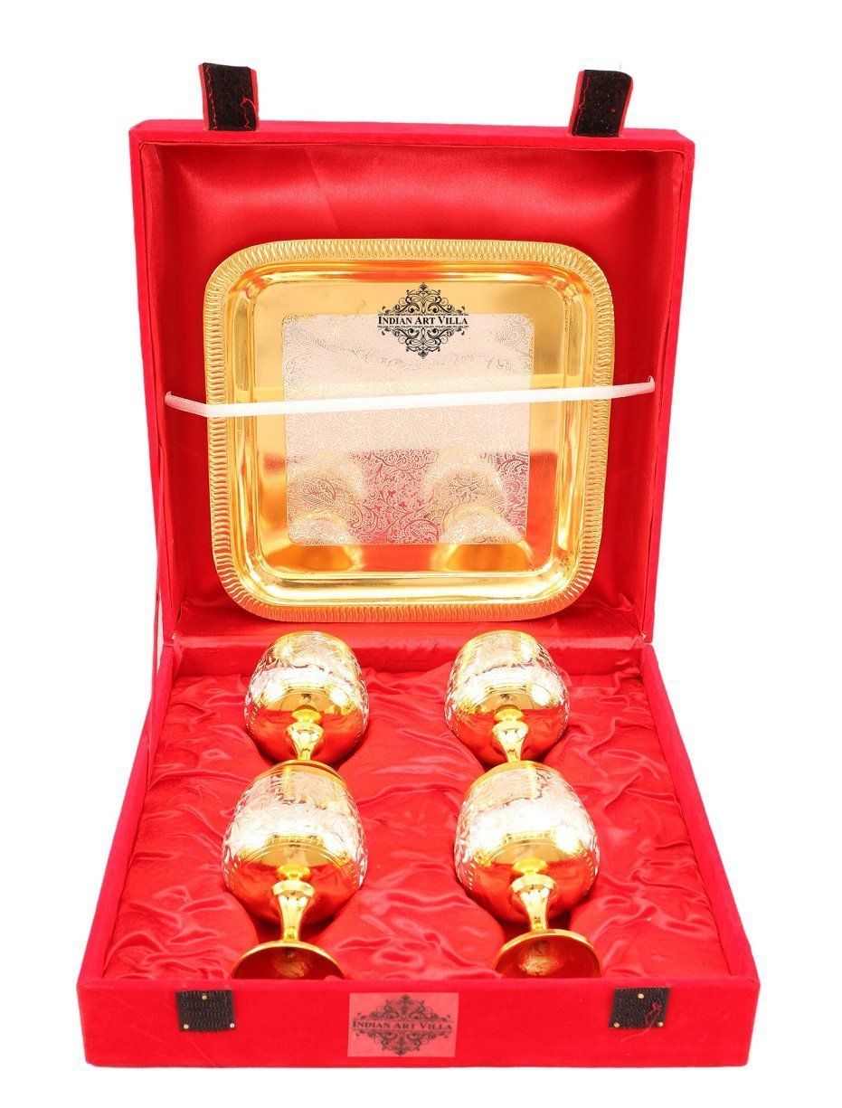 Indian Art Villa Silver Plated Gold Polish 4 Wine Glass & 1 Square Tray