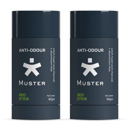 Muster Anti-Odour Deo Stick for Men | Aluminium-Free | Natural Charcoal & Witch Hazel | 80 gm | Long-Lasting Freshness (Pack of 2)