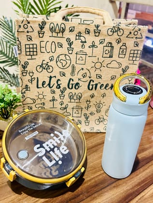 Happy Meal Bento Round Box - 920ml and Matte Finish Stainless Steel Bottle - 500ml with Free Jute Bag (Combo)-Without Personalised Name Engraving / Green with Green Bottle
