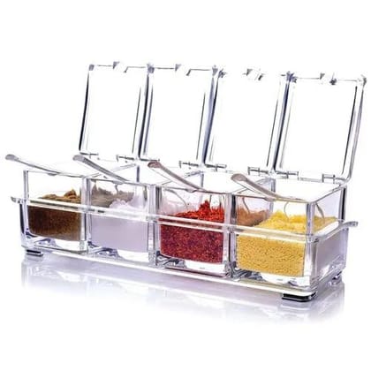 R T ENTERPRISE Multipurpose Acrylic Box Pepper Salt Spice Rack Plastic 4 Box with Spoons Kitchen Storage Containers and Cooking Tools Unbreakable Dining Table Storage Box Ideal for Home and 