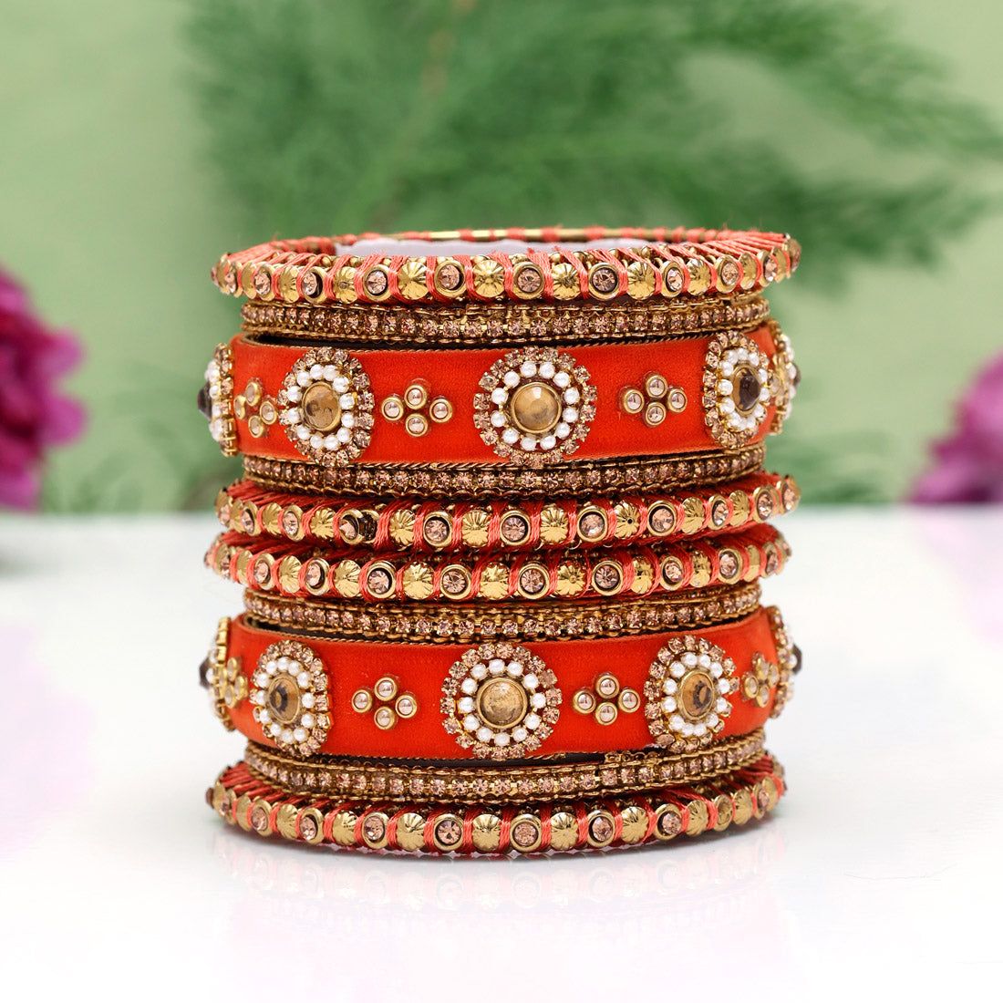 Orange Color Thread Bangle Set: 2.10 (TRB180ORG-2.10)-Bangles Size: 2.10 / Orange / Alloy With Good Quality Gold Plated