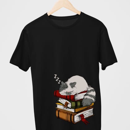 CAT SLEEPING ON BOOKS-Black / S