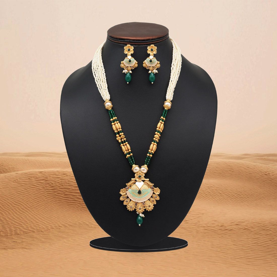Green Color Meena Work Matte Gold Rajwadi Temple Necklace Set (TPLN688GRN)-Length: 44.00 CM x Width: 1.00 CM / Green / Alloy With Good Quality Matte Gold Plated