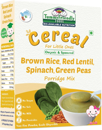 TummyFriendly Foods Certified Organic Sprouted Brown Rice, Red Lentil, Spinach, Green Peas Porridge Mix, Excellent Weight Gain Baby Food, Made of Sprouted Brown Rice, 200 gm Cereal