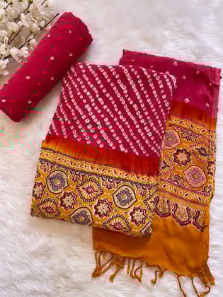 Authentic Ajrakh Print with Bandhej Work Bandhani Material (Unstitched)-Magenta